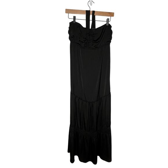 Hale Bob Dresses & Skirts - Hale Bob Halter Maxi Dress Small Black Satin Tiered Crochet Detail Smocked